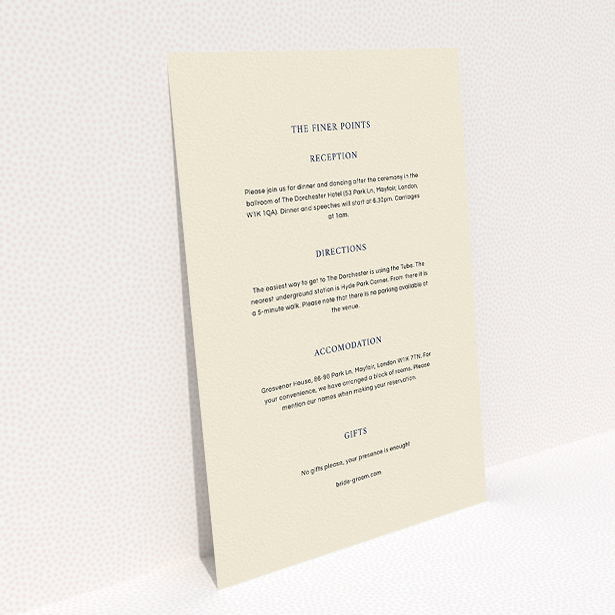 A wedding info sheet called "To the left". It is an A5 card in a portrait orientation. "To the left" is available as a flat card, with mainly cream colouring.