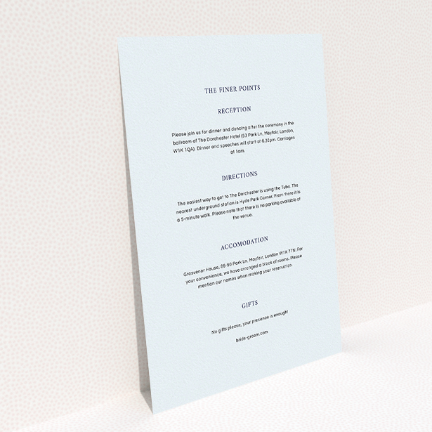 A wedding info sheet design called "To the left". It is an A5 card in a portrait orientation. "To the left" is available as a flat card, with mainly light blue colouring.