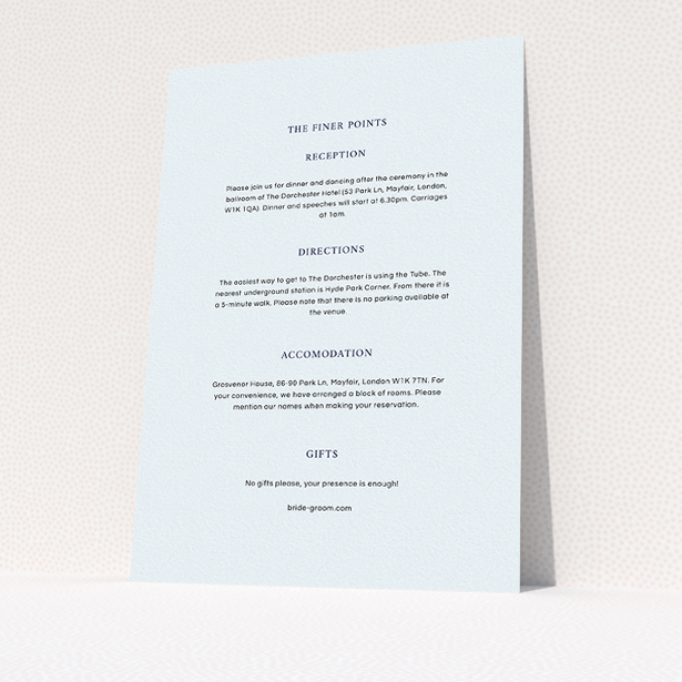 A wedding info sheet design called "To the left". It is an A5 card in a portrait orientation. "To the left" is available as a flat card, with mainly light blue colouring.