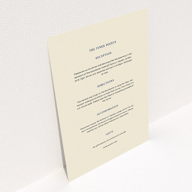 A wedding info sheet called "To the left". It is an A5 card in a portrait orientation. "To the left" is available as a flat card, with mainly cream colouring.