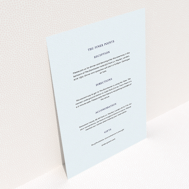 A wedding info sheet design called "To the left". It is an A5 card in a portrait orientation. "To the left" is available as a flat card, with mainly light blue colouring.