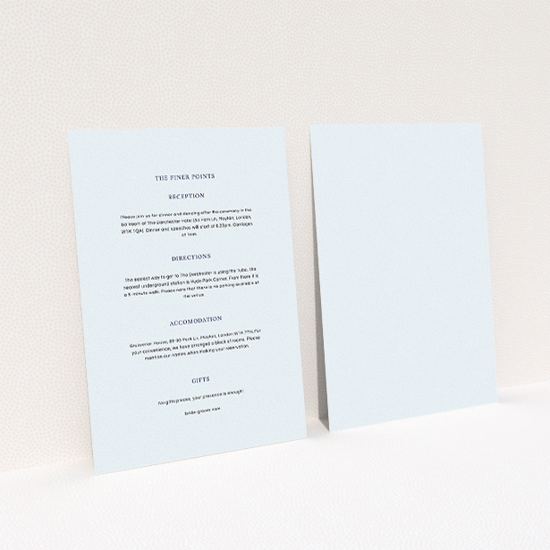 A wedding info sheet design called "To the left". It is an A5 card in a portrait orientation. "To the left" is available as a flat card, with mainly light blue colouring.