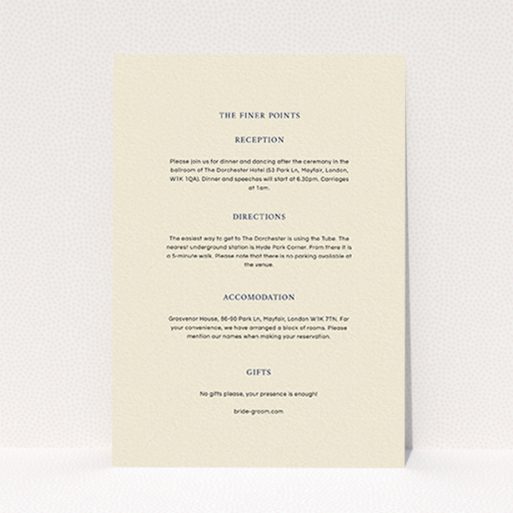 A wedding info sheet template titled "To the left". It is an A6 card in a portrait orientation. "To the left" is available as a flat card, with mainly cream colouring.