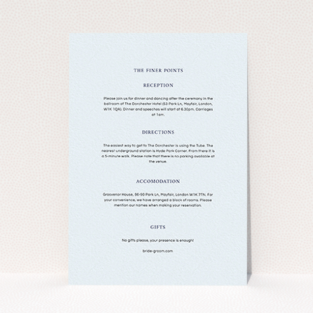 A wedding info sheet named "To the left". It is an A6 card in a portrait orientation. "To the left" is available as a flat card, with mainly light blue colouring.