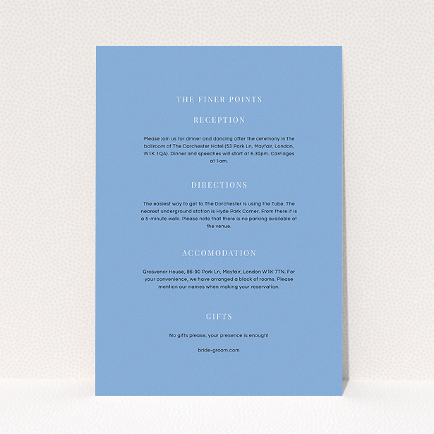 A wedding info sheet named "To the right". It is an A5 card in a portrait orientation. "To the right" is available as a flat card, with mainly light blue colouring.