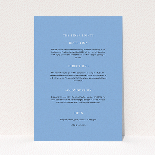 A wedding info sheet design titled "To the right". It is an A6 card in a portrait orientation. "To the right" is available as a flat card, with mainly light blue colouring.