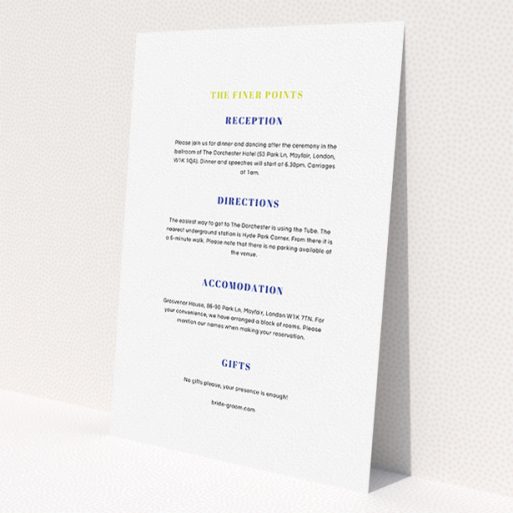 A wedding info sheet design titled 'Top line'. It is an A5 card in a portrait orientation. 'Top line' is available as a flat card, with mainly white colouring.