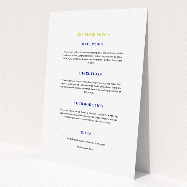 A wedding info sheet design titled "Top line". It is an A5 card in a portrait orientation. "Top line" is available as a flat card, with mainly white colouring.