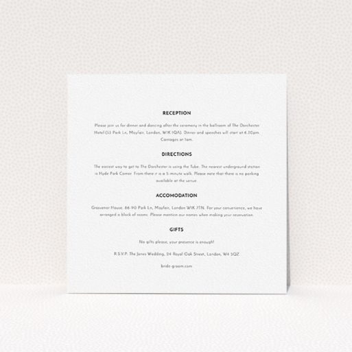 A wedding info sheet design named "Triangle between us". It is a square (148mm x 148mm) card in a square orientation. "Triangle between us" is available as a flat card, with mainly white colouring.