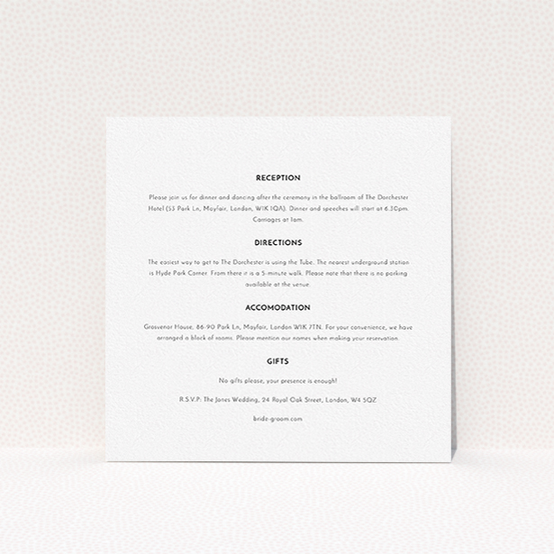 A wedding info sheet design named "Triangle between us". It is a square (148mm x 148mm) card in a square orientation. "Triangle between us" is available as a flat card, with mainly white colouring.