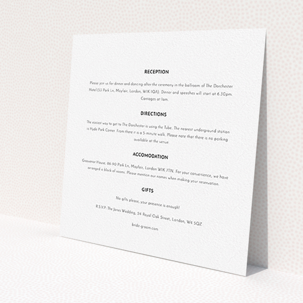 A wedding info sheet design named 'Triangle between us'. It is a square (148mm x 148mm) card in a square orientation. 'Triangle between us' is available as a flat card, with mainly white colouring.