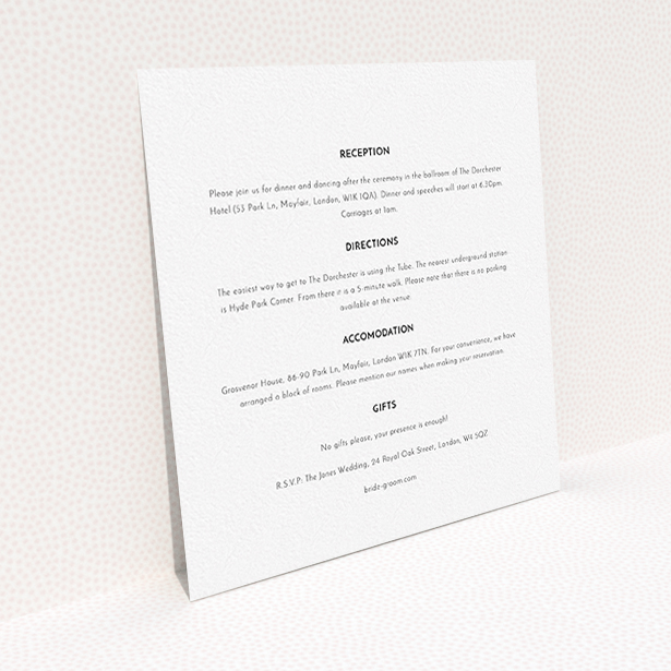 A wedding info sheet design named "Triangle between us". It is a square (148mm x 148mm) card in a square orientation. "Triangle between us" is available as a flat card, with mainly white colouring.