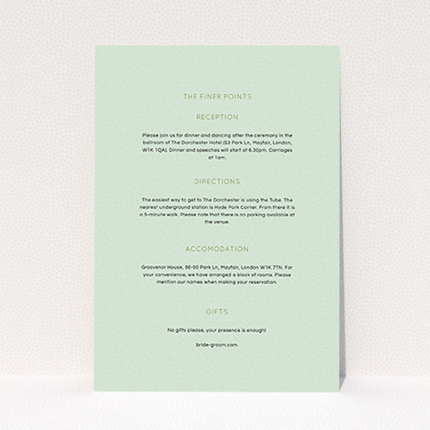 A wedding info sheet template titled "Turquoise polkadots". It is an A6 card in a portrait orientation. "Turquoise polkadots" is available as a flat card, with mainly green colouring.