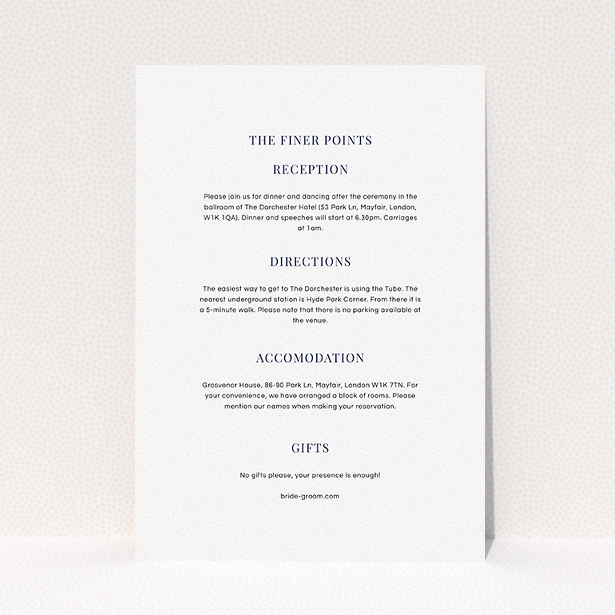 A wedding info sheet design named "Wedding bands". It is an A5 card in a portrait orientation. "Wedding bands" is available as a flat card, with mainly white colouring.