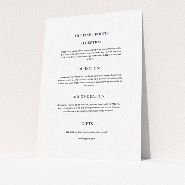 A wedding info sheet design named "Wedding bands". It is an A5 card in a portrait orientation. "Wedding bands" is available as a flat card, with mainly white colouring.