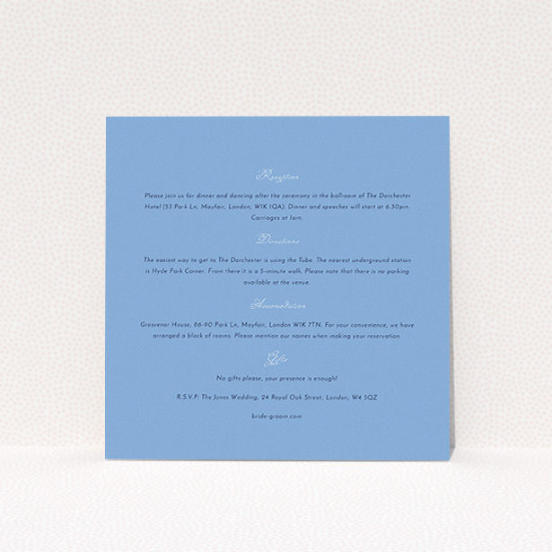 A wedding info sheet design titled "Wedding bells". It is a square (148mm x 148mm) card in a square orientation. "Wedding bells" is available as a flat card, with mainly light blue colouring.