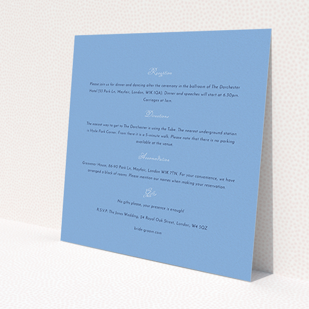 A wedding info sheet design titled "Wedding bells". It is a square (148mm x 148mm) card in a square orientation. "Wedding bells" is available as a flat card, with mainly light blue colouring.