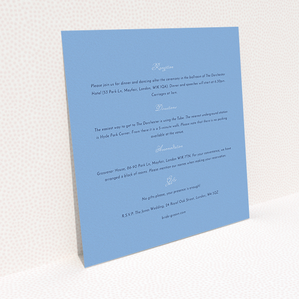 A wedding info sheet design titled "Wedding bells". It is a square (148mm x 148mm) card in a square orientation. "Wedding bells" is available as a flat card, with mainly light blue colouring.
