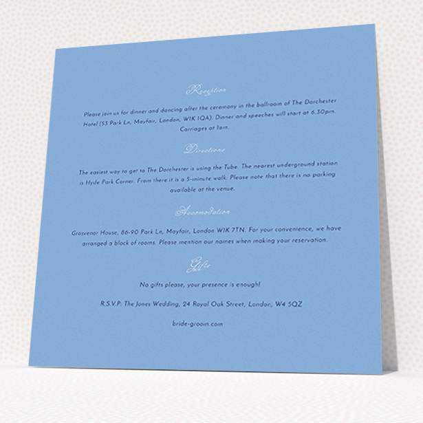 A wedding info sheet design titled "Wedding bells". It is a square (148mm x 148mm) card in a square orientation. "Wedding bells" is available as a flat card, with mainly light blue colouring.