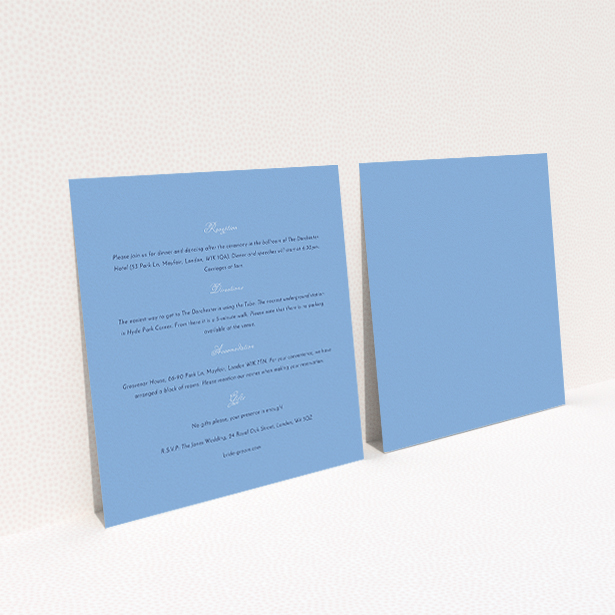 A wedding info sheet design titled "Wedding bells". It is a square (148mm x 148mm) card in a square orientation. "Wedding bells" is available as a flat card, with mainly light blue colouring.