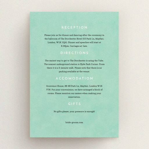 Wedding Info Sheet Design - "Worn Green" A wedding info sheet called "Worn Green". It is an A5 card in a portrait orientation. "Worn Green" is available as a flat card, with mainly green colouring.