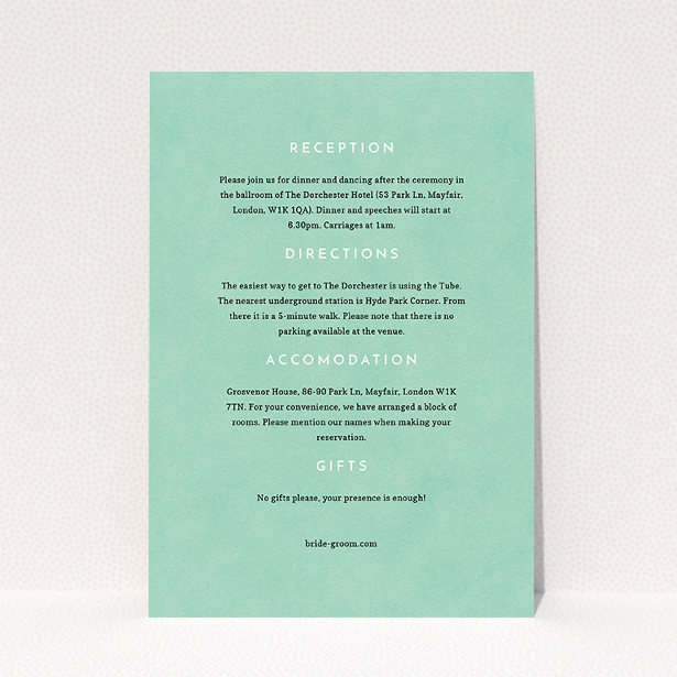 A wedding info sheet called "Worn Green". It is an A5 card in a portrait orientation. "Worn Green" is available as a flat card, with mainly green colouring.