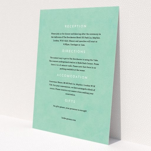A wedding info sheet called 'Worn Green'. It is an A5 card in a portrait orientation. 'Worn Green' is available as a flat card, with mainly green colouring.