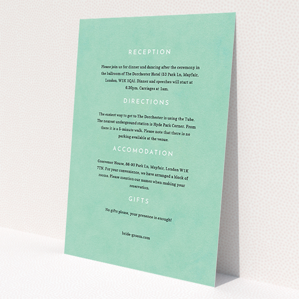 A wedding info sheet called "Worn Green". It is an A5 card in a portrait orientation. "Worn Green" is available as a flat card, with mainly green colouring.