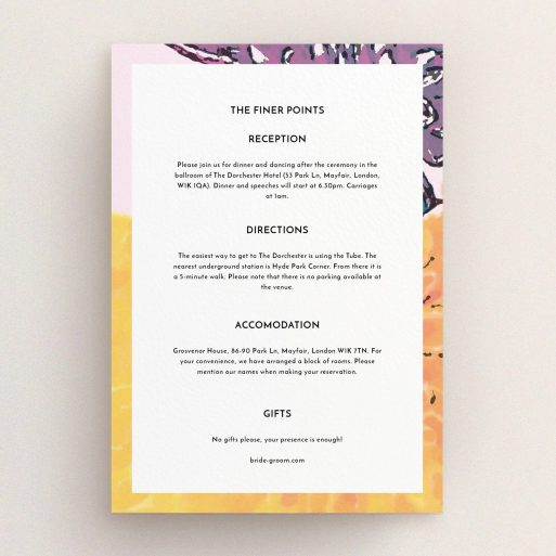 Wedding Information Sheet Design - "A delivery of spring" A wedding information sheet design called "A delivery of spring". It is an A5 card in a portrait orientation. "A delivery of spring" is available as a flat card, with mainly purple colouring.