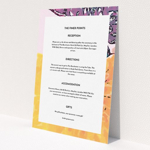 A wedding information sheet design called 'A delivery of spring'. It is an A5 card in a portrait orientation. 'A delivery of spring' is available as a flat card, with mainly purple colouring.