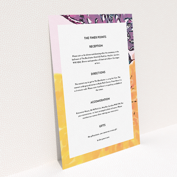A wedding information sheet design called "A delivery of spring". It is an A5 card in a portrait orientation. "A delivery of spring" is available as a flat card, with mainly purple colouring.