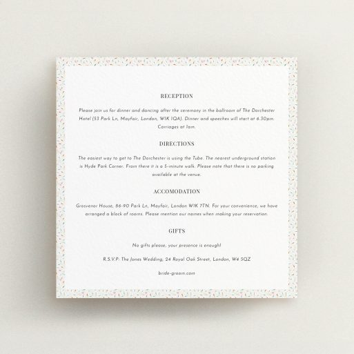 Wedding Information Sheet Design - "A hint of confetti" A wedding information sheet template titled "A hint of confetti". It is a square (148mm x 148mm) card in a square orientation. "A hint of confetti" is available as a flat card, with tones of cream and red.