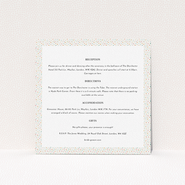 A wedding information sheet template titled "A hint of confetti". It is a square (148mm x 148mm) card in a square orientation. "A hint of confetti" is available as a flat card, with tones of cream and red.