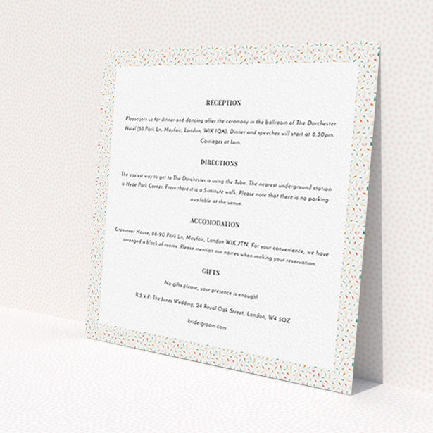 A wedding information sheet template titled "A hint of confetti". It is a square (148mm x 148mm) card in a square orientation. "A hint of confetti" is available as a flat card, with tones of cream and red.