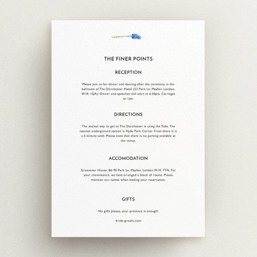Wedding Information Sheet Design - "A new bloom" A wedding information sheet design titled "A new bloom". It is an A5 card in a portrait orientation. "A new bloom" is available as a flat card, with mainly white colouring.