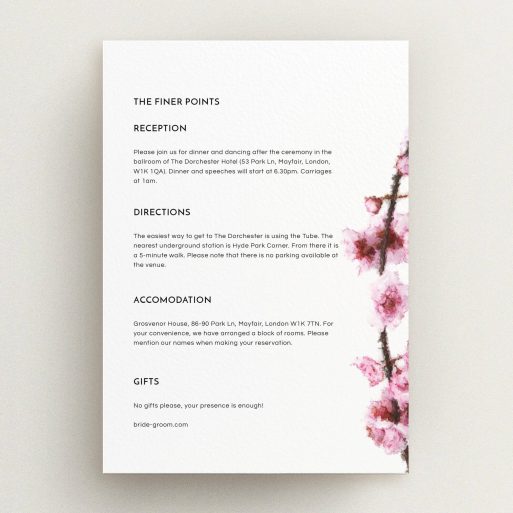 Wedding Information Sheet Design - "A side of Blossom" A wedding information sheet design called "A side of Blossom". It is an A5 card in a portrait orientation. "A side of Blossom" is available as a flat card, with mainly light pink colouring.