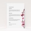 A wedding information sheet design called "A side of Blossom". It is an A5 card in a portrait orientation. "A side of Blossom" is available as a flat card, with mainly light pink colouring.