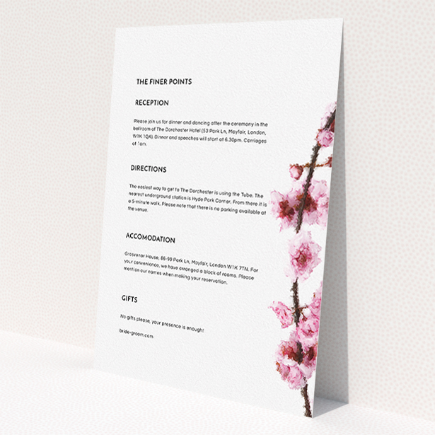 A wedding information sheet design called 'A side of Blossom'. It is an A5 card in a portrait orientation. 'A side of Blossom' is available as a flat card, with mainly light pink colouring.