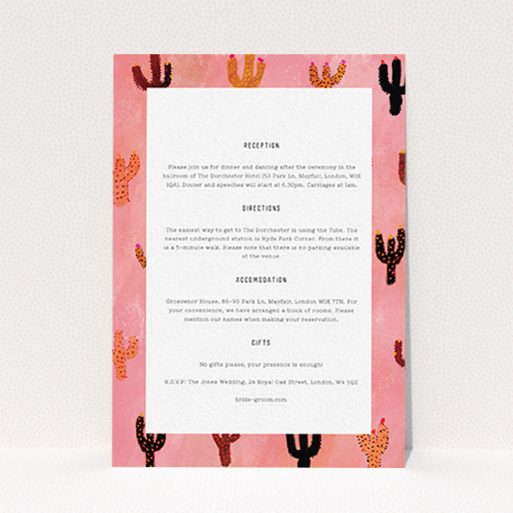 A wedding information sheet named "Albuquerque". It is an A6 card in a portrait orientation. "Albuquerque" is available as a flat card, with tones of dark pink and orange.