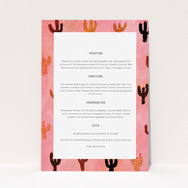 A wedding information sheet named "Albuquerque". It is an A6 card in a portrait orientation. "Albuquerque" is available as a flat card, with tones of dark pink and orange.