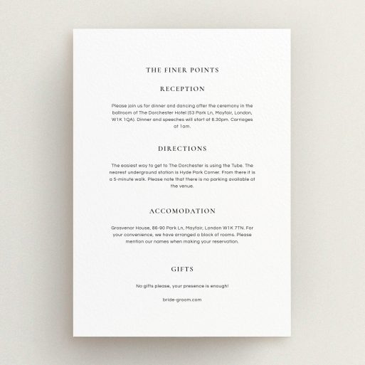 Wedding Information Sheet Design - "Almost a quarter" A wedding information sheet design named "Almost a quarter". It is an A5 card in a portrait orientation. "Almost a quarter" is available as a flat card, with mainly white colouring.