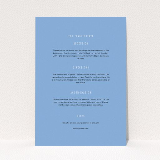 A wedding information sheet design called "Answer the phone". It is an A5 card in a portrait orientation. "Answer the phone" is available as a flat card, with mainly light blue colouring.