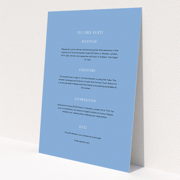 A wedding information sheet design called "Answer the phone". It is an A5 card in a portrait orientation. "Answer the phone" is available as a flat card, with mainly light blue colouring.