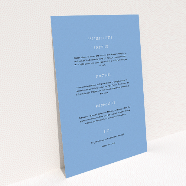 A wedding information sheet design called "Answer the phone". It is an A5 card in a portrait orientation. "Answer the phone" is available as a flat card, with mainly light blue colouring.