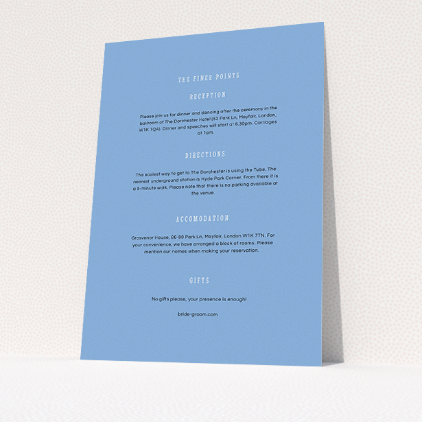 A wedding information sheet design called "Answer the phone". It is an A5 card in a portrait orientation. "Answer the phone" is available as a flat card, with mainly light blue colouring.