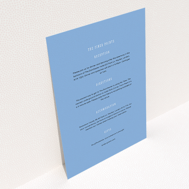 A wedding information sheet design called "Answer the phone". It is an A5 card in a portrait orientation. "Answer the phone" is available as a flat card, with mainly light blue colouring.