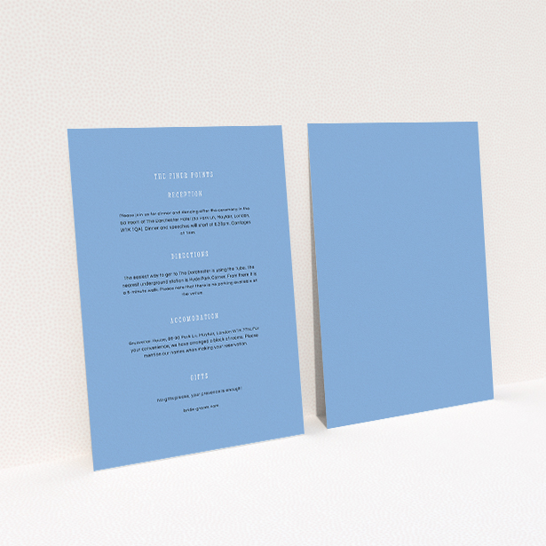 A wedding information sheet design called "Answer the phone". It is an A5 card in a portrait orientation. "Answer the phone" is available as a flat card, with mainly light blue colouring.