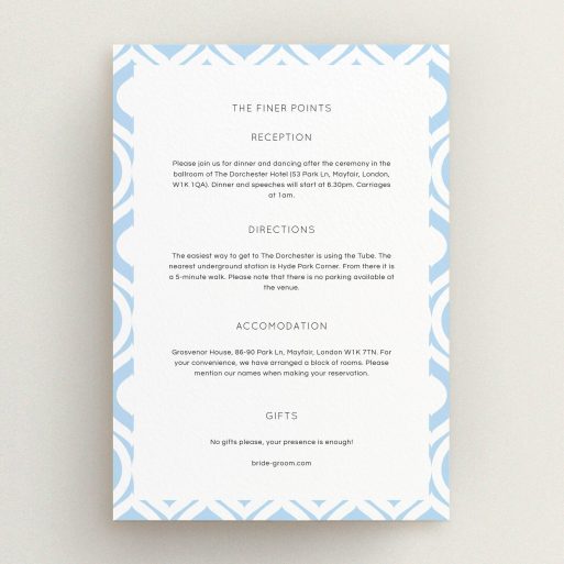 Wedding Information Sheet Design - "Arabian diamonds" A wedding information sheet design named "Arabian diamonds". It is an A5 card in a portrait orientation. "Arabian diamonds" is available as a flat card, with mainly light blue colouring.