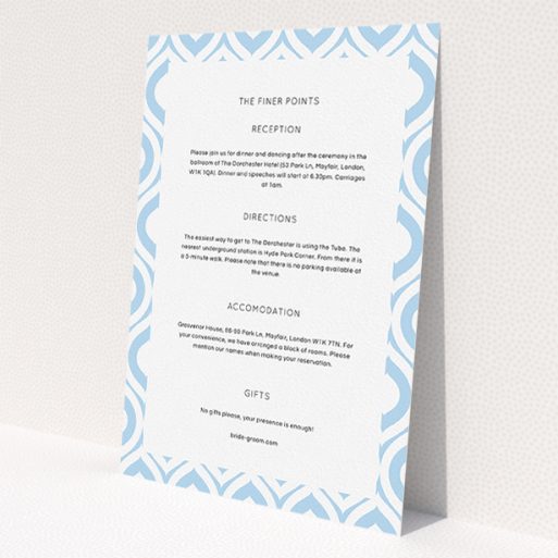 A wedding information sheet design named 'Arabian diamonds'. It is an A5 card in a portrait orientation. 'Arabian diamonds' is available as a flat card, with mainly light blue colouring.