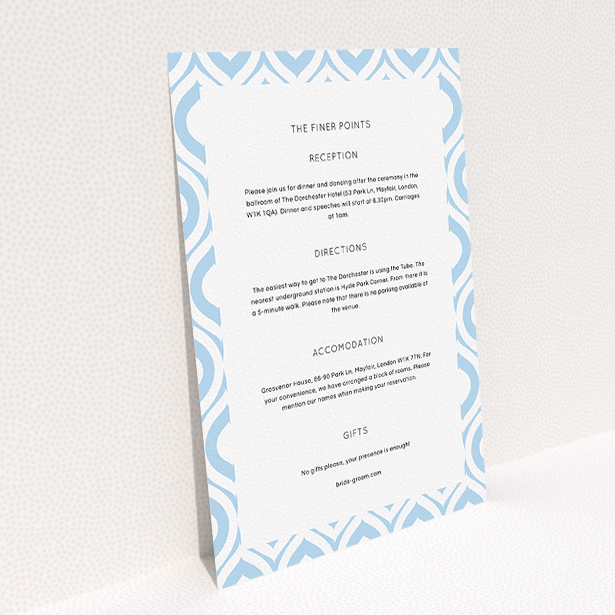 A wedding information sheet design named "Arabian diamonds". It is an A5 card in a portrait orientation. "Arabian diamonds" is available as a flat card, with mainly light blue colouring.